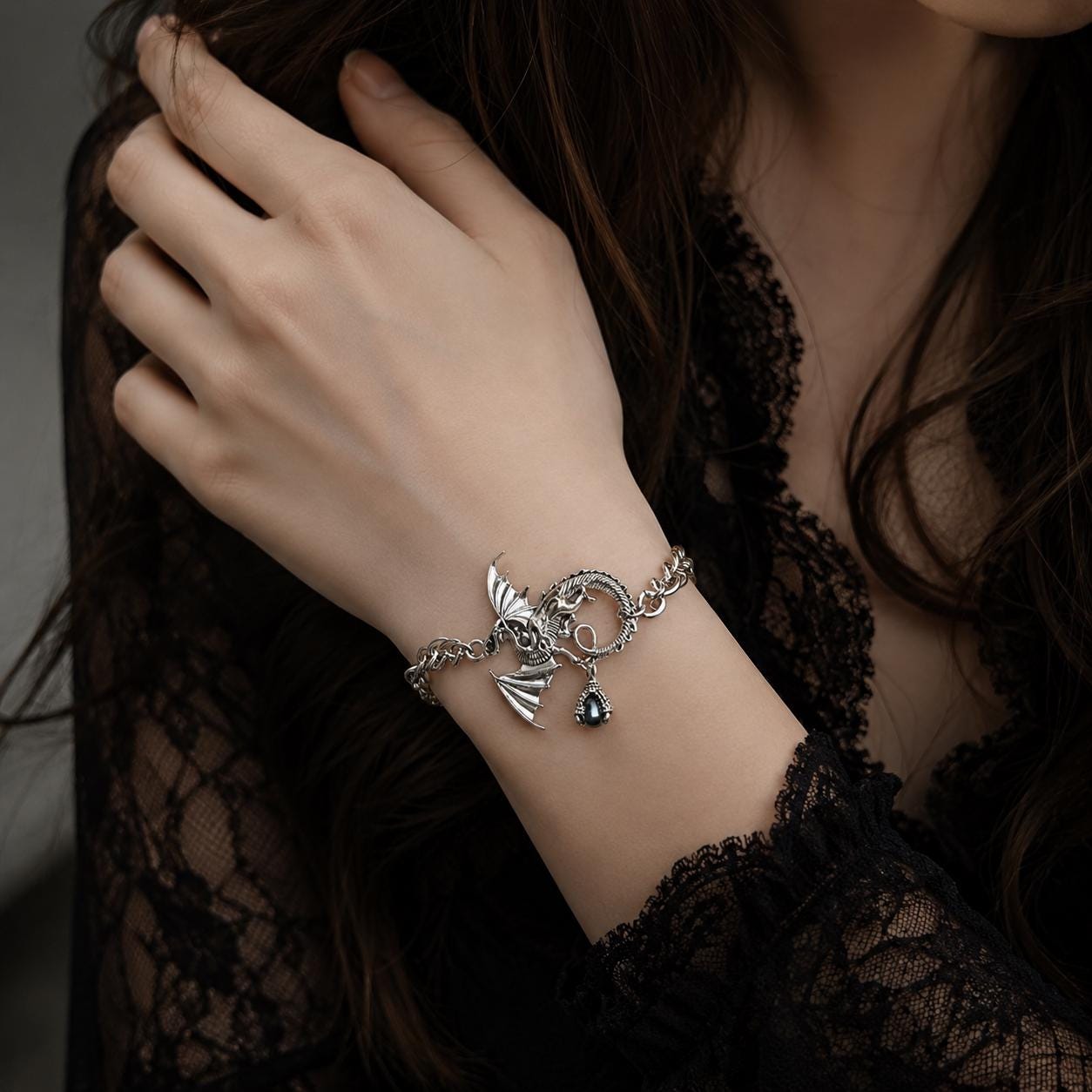 Gothic Bat Wing Bracelet, Silver-Toned Vampire Bangle, Dark Academia Jewelry