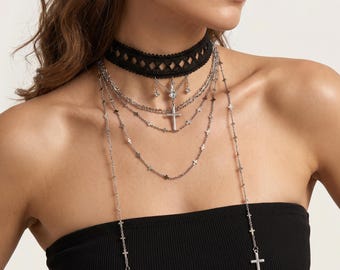 Gothic Black Lace Choker, Multi-Layer Cross Body Chain Necklace, Grunge Alt Y2K Statement Jewelry