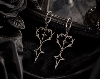 Gothic Thorn Heart Star Cross Dangle Earrings, Dark Romantic Silver Jewelry