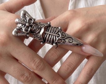 Gothic Skull Armor Ring, Full Finger Joint, Punk Skeleton Biker Jewelry, Steampunk Cosplay