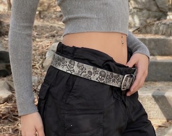 Gothic Skull Embossed Leather Belt, Punk Rock Crossbone Waistband, Y2K Grunge Skeleton Buckle