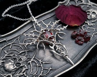 Gothic Thorn Necklace: Silver Branch Red Gem Pendant, Dark Fantasy Choker Accessory