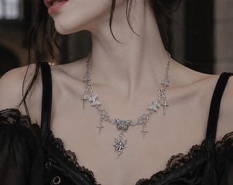 Gothic Butterfly Cross Necklace, Fairycore Grunge Choker, Silver Angel Pendant