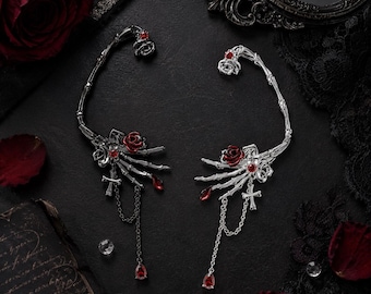 Gothic Skeleton Hand Ear Cuff with Dark Red Rose Tassel – Non-Pierced Vampire Ear Wrap