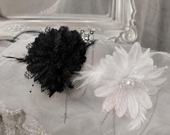 Gothic Rose Hair Clip Lolita Feather Hairpin Dark Punk Veil Headpiece Vintage White Flower Tassel Cross Hairpiece Vampire Cosplay Headband
