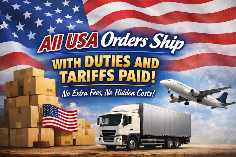 May include: An advertisement with the American flag in the background. Text reads "All USA Orders Ship With Duties and Tariffs Paid! No Extra Fees, No Hidden Costs!" A stack of boxes, a truck, and a plane are also visible.