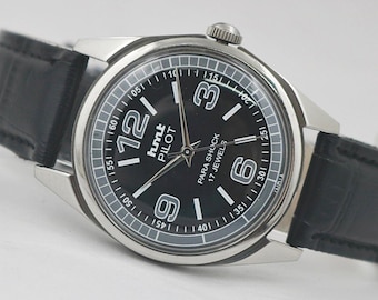 Vintage Refurbished HMT Pilot Men's Watch Hand Winding Black Dial Gift for him - 110-03