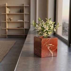 Può includere: Una fioriera quadrata in marmo rosso con venature bianche, contenente fiori bianchi e foglie verdi. La fioriera è su un davanzale, con un paesaggio urbano visibile attraverso la finestra.