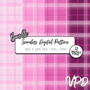 May include: A digital pattern bundle with a pink plaid design. The image includes the text "Bundle Seamless Digital Pattern" and "12IN X 12IN (JPG | PNG | PDF)". A circular badge reads "12 Digitals Total".