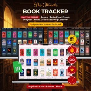 May include: A digital book tracker displayed on multiple screens, showcasing book covers in various colors. The text "The Ultimate Book Tracker" is at the top. Features include multi-year tracking, reading progress, and photo gallery. Includes 4 premium themes.