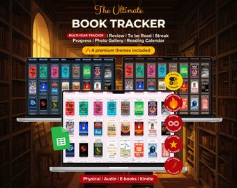 Registro de lectura en Google Sheets / Hoja de cálculo de biblioteca digital Registro de lectura Reseña de libros Reto de lectura Amante de los libros Tema oscuro