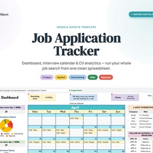 Pode incluir: Um modelo digital do Google Sheets intitulado Job Application Tracker. A interface apresenta um painel com um calendário de entrevistas, um gráfico de pizza do status das candidaturas e uma lista de cargos. Texto: TidySheet, To Apply, Applied, Interviewing, Offer, Rejected.