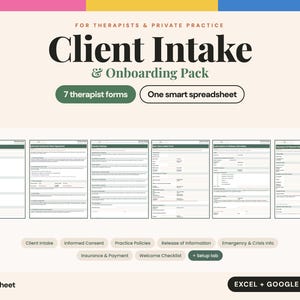 Può includere: Un pacchetto digitale di accoglienza e onboarding per terapeuti e studi privati, con sette moduli e un foglio di calcolo intelligente. Il set include una lista di controllo, consenso informato, politiche di studio, rilascio di informazioni, info di emergenza e fogli di pagamento, compatibile con Excel e Google Sheets.