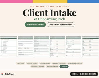 Paquete de formularios de admisión para terapeutas, hoja de cálculo para consultorio privado, documentación editable para nuevos clientes, consentimiento informado, Google Sheets y Excel