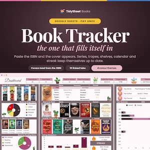 May include: A digital book tracker dashboard for Google Sheets titled TidySheet Books. The interface displays book covers, reading statistics, genre breakdowns, and a yearly summary chart. It features sections for wishlists, reading status, and ratings, all organised within a clean, multi-tabbed layout with a soft rose colour theme.