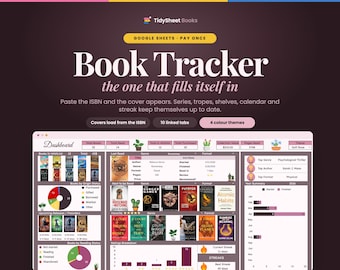 Registro de lectura en Google Sheets / Hoja de cálculo de biblioteca digital Registro de lectura Reseña de libros Reto de lectura Amante de los libros Tema oscuro