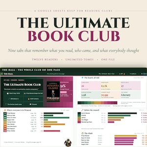 Peut inclure: Un modèle Google Sheets intitulé The Ultimate Book Club, comprenant neuf onglets pour suivre la progression de lecture, la présence des membres et les discussions. L'interface affiche des graphiques, des couvertures de livres et des statistiques.