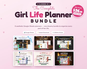 Puede incluir: Un paquete digital titulado The Complete Girl Life Planner Bundle que incluye seis planificadores de Google Sheets. El gráfico muestra vistas previas de un rastreador de pérdida de peso, planificador de comidas, planificador anual y de libros.