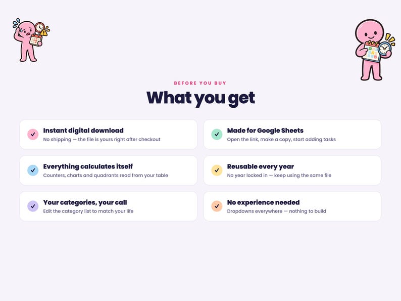 Puede incluir: Un gr&aacute;fico informativo titulado Before You Buy What you get, que presenta dos personajes de dibujos animados de color rosa con calendarios. Enumera seis caracter&iacute;sticas: Instant digital download, Made for Google Sheets, Everything calculates itself, Reusable every year, Your categories, your call y No experience needed.