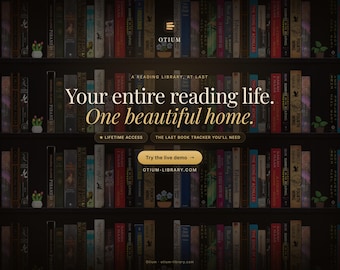 Puede incluir: Una interfaz digital con un fondo de estantería con varios lomos de libros. El texto dice: OTIUM, A READING LIBRARY, AT LAST, Your entire reading life. One beautiful home., LIFETIME ACCESS, THE LAST BOOK TRACKER YOU'LL NEED, Try the live demo, OTIUM-LIBRARY.COM.