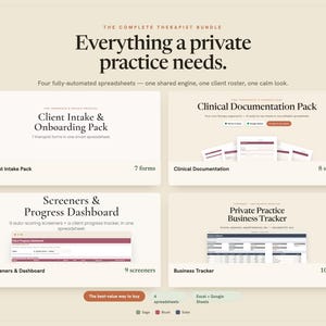 Therapeutenpakket, spreadsheets voor privépraktijken, intakeformulieren, SOAP-aantekeningen en behandelplan, PHQ-9 GAD-7-screeners, Excel en Google Sheets
