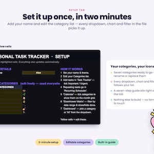 Puede incluir: Una interfaz digital de seguimiento de tareas personales con un panel oscuro y celdas de entrada amarillas para detalles y categor&iacute;as. El texto incluye Set it up once, in two minutes, Personal Task Tracker y una gu&iacute;a de siete pasos.