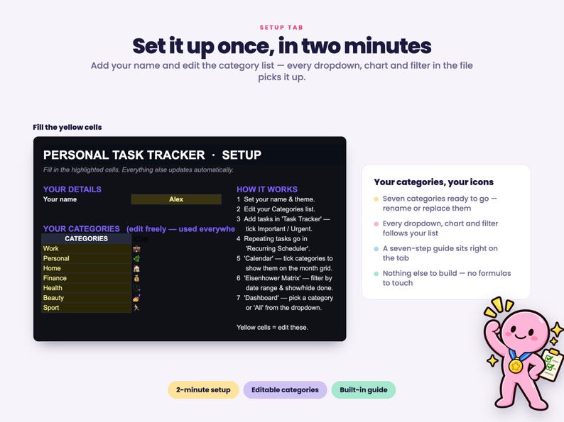 Puede incluir: Una interfaz digital de seguimiento de tareas personales con un panel oscuro y celdas de entrada amarillas para detalles y categor&iacute;as. El texto incluye Set it up once, in two minutes, Personal Task Tracker y una gu&iacute;a de siete pasos.