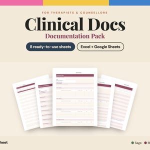 May include: A digital documentation pack for therapists and counsellors titled Clinical Docs, featuring 8 ready-to-use sheets compatible with Excel and Google Sheets. The display shows multiple white document templates with blush pink accents.