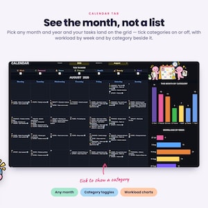 Puede incluir: Una interfaz de calendario digital para agosto de 2026 con un dise&ntilde;o de cuadr&iacute;cula para categor&iacute;as de tareas, gr&aacute;ficos de barras codificados por colores para carga de trabajo y un personaje de dibujos animados con un calendario y reloj.