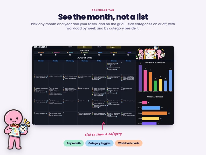 Puede incluir: Una interfaz de calendario digital para agosto de 2026 con un dise&ntilde;o de cuadr&iacute;cula para categor&iacute;as de tareas, gr&aacute;ficos de barras codificados por colores para carga de trabajo y un personaje de dibujos animados con un calendario y reloj.