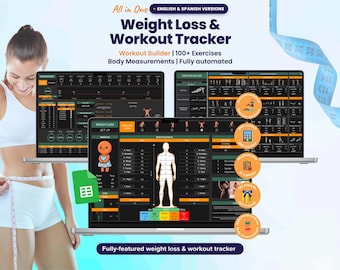 Registro de pérdida de peso y entrenamiento / Planificador de fitness en Google Sheets, registro de ejercicios, tabla de medidas corporales