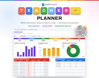 Planificador para profesores en Google Sheets 2026-2027 / Libro de calificaciones con cálculo automático, registro de asistencia, planificador de lecciones, planes para suplentes, comentarios escritos en informes.
