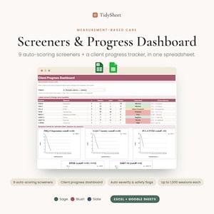 Könnte beinhalten: Ein digitales Tabellen-Dashboard mit dem Titel Screeners & Progress Dashboard für messbasiertes Arbeiten. Es enthält 9 automatisch auswertende Screening-Tools, einen Fortschrittstracker und Symptom-Trendgrafiken. Kompatibel mit Excel und Google Sheets.
