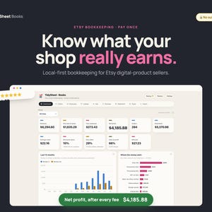 Puede incluir: Una interfaz de software TidySheet Books sobre un fondo oscuro con el texto Know what your shop really earns. El panel muestra métricas financieras que incluyen ingresos, tarifas, ganancias y pedidos, con un gráfico de barras de 12 meses.