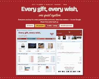 Hoja de cálculo para seguimiento de regalos, planificador de regalos y plantilla de lista de deseos de Google Sheets, presupuesto para vacaciones, lista de regalos de cumpleaños, descarga instantánea.