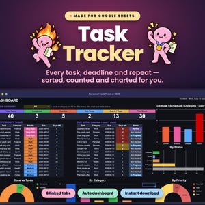 May include: A digital task tracker dashboard for Google Sheets featuring a dark interface with colorful charts, tables, and progress bars. The header displays the text Task Tracker, Made for Google Sheets, and Every task, deadline and repeat.