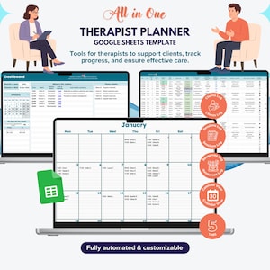Könnte beinhalten: Eine digitale Therapeuten-Planervorlage, die auf drei Laptops angezeigt wird. Der Planer enthält ein Dashboard, einen Kalender und Kundenprotokolle. Der Text auf dem Bild lautet "All in One THERAPIST PLANNER GOOGLE SHEETS TEMPLATE". Der Text "Fully automated & customizable" ist ebenfalls enthalten.