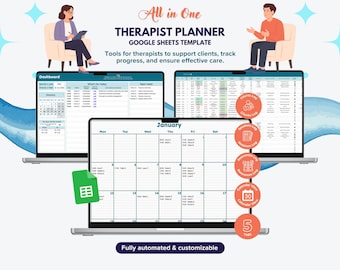 Plantilla de Google Sheets para planificador de terapeutas, registro de sesiones y clientes, hoja de cálculo para consulta privada, descarga digital.