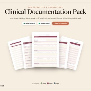 Może przedstawiać: Pakiet dokumentacji klinicznej dla terapeutów i doradców zawierający osiem gotowych do użycia arkuszy w edytowalnym pliku. Projekt zawiera tekst w odcieniach różu, szałwii i łupka, kompatybilny z oprogramowaniem Excel oraz Google Sheets.