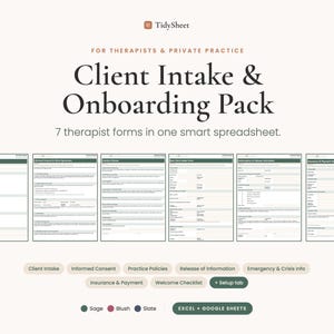 Op de afbeelding: Een digitaal Client Intake & Onboarding Pack voor therapeuten en privépraktijken, met zeven formulieren in één spreadsheet. Het document bevat secties voor intake, toestemming, beleid, vrijgave, noodinformatie, verzekering en een welkomstchecklist.
