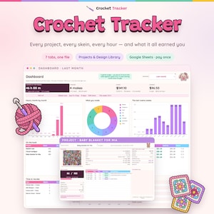 May include: A digital Crochet Tracker dashboard interface displayed on a screen, featuring charts, project logs, and financial summaries. The layout includes a pink and purple color scheme with icons of a yarn ball, crochet hook, and granny squares.
