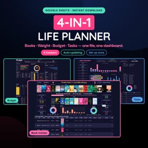 4 in 1 Life Planner Google Sheets | Budget, Reading, Weight Loss & Task Tracker Spreadsheet | Dark Mode All in One Digital Planner