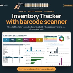 May include: A digital inventory tracker interface titled Inventory Tracker with barcode scanner. The dashboard displays data tables, a pie chart, and bar graphs for sales and stock status. Text includes TidySheet Stock and Google Sheets App Script.