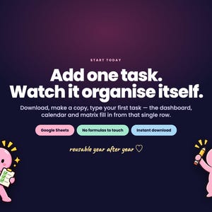 Puede incluir: Una plantilla de gesti&oacute;n de tareas para Google Sheets con fondo morado oscuro. El texto dice: Start today, Add one task. Watch it organise itself. Download, make a copy, type your first task. Incluye dos personajes de dibujos animados rosas.