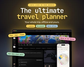 Aplicación para planificar viajes, itinerario y lista de equipaje sin conexión, gastos compartidos, planificador de atuendos, mapa mundial, sin suscripción, acceso de por vida.