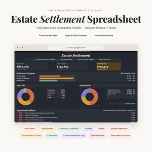 Estate Settlement Spreadsheet, Executor Checklist & Probate Tracker, After Death Planner, Google Sheets Excel Template, Estate Dashboard