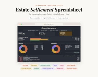 Hoja de cálculo para la liquidación de herencias, lista de verificación del albacea y seguimiento de la sucesión testamentaria, planificador posterior al fallecimiento, plantilla de Excel para Google Sheets, panel de control de la herencia