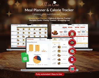 Planificador de comidas semanal y registro de calorías / Plantilla de Google Sheets, registro de macronutrientes, lista de la compra, inventario de la despensa