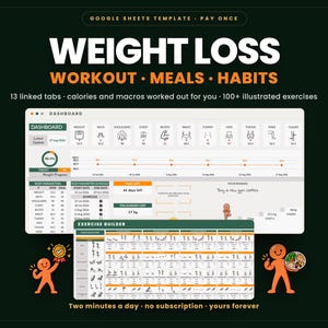 May include: A Google Sheets weight loss template featuring a dashboard and exercise builder. The interface displays workout, meal, and habit tracking with 13 linked tabs, calorie and macro calculations, and over 100 illustrated exercise icons.