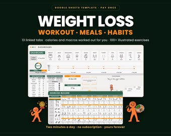 Plantilla de Google Sheets para el seguimiento de la pérdida de peso, contador de calorías y macronutrientes, planificador de entrenamiento, planificador de comidas, hoja de cálculo de medidas corporales.